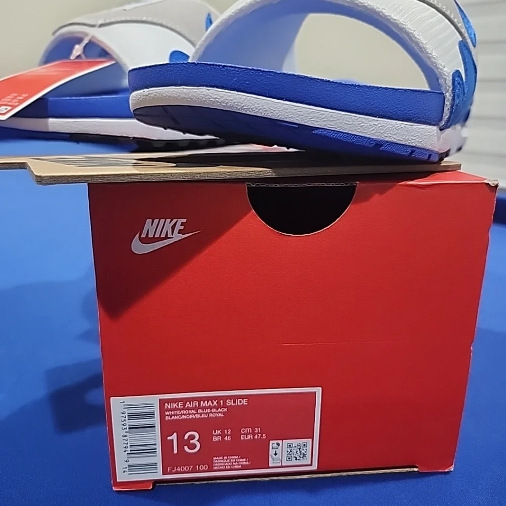 Sz 13 Nike Air Max 1 Slides Slippers Sandals 'White/Royal Blue' (FJ4007-100) - Picture 2 of 6